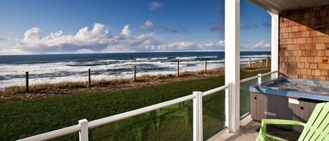 Private patio & hot tub - Hot tub has oceanfront views for spotting the whale spouts