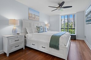 The primary bedroom features brand new comfortable Cal-King-sized bed