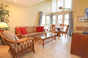 Our condo was recently fully remodeled and redecorated with island themed furnishings, artwork and decorations throughout. This condo also has AC, free WiFi, free long distance calling to the Mainland and Canada and all the comforts of home