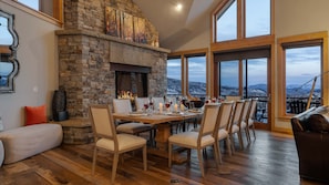 Dining area with fireplace seats 12