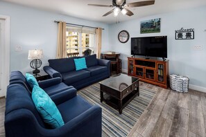 Living room with queen size sleeper sofa and TV