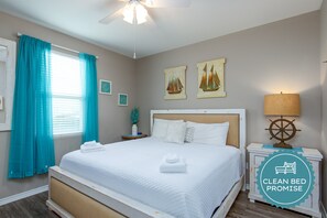 Sleep better at Padre Escapes with our exclusive Clean Bed Promise; providing fresh linens, comforters, and towels washed at high temperatures exceeding CDC recommendations, setting us apart for a truly restful vacation