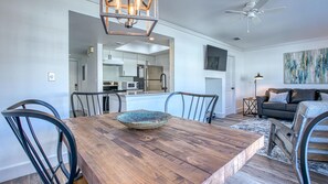 Your view of the living room from the dining area.