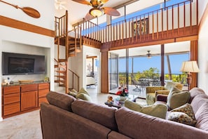 Living Area with large Flat Screen TV and Ocean Views at our Kona Hawai'i Villa Rental