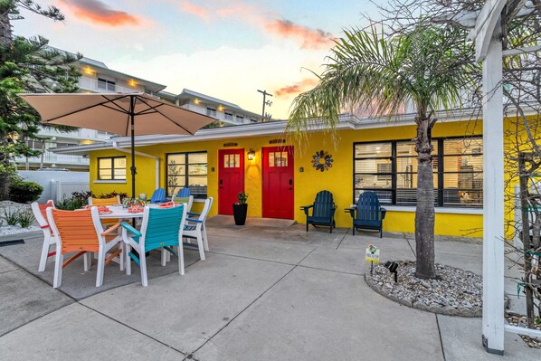 Front of Sol y Mar which is both the Casita Sol, left and Casita Mar, right with their bright festive beach colors.