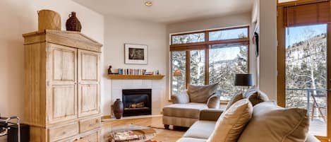 Living Room with Fireplace and Views