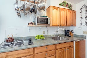 Viking Lodge 315 - the kitchenette has a mini fridge, cooktop, microwave, coffee maker and cookware.