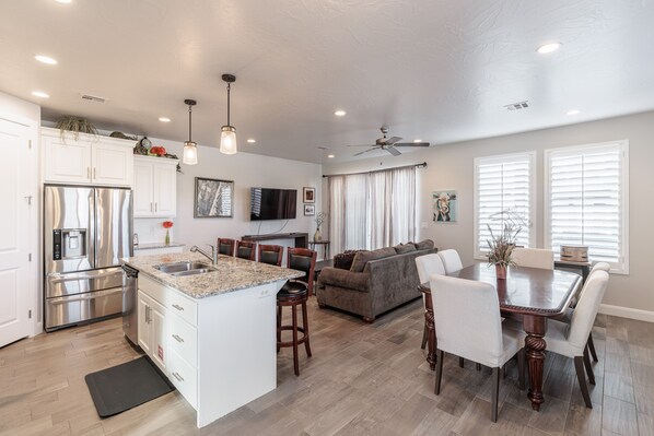 Living Area, Kitchen, and Dining Area