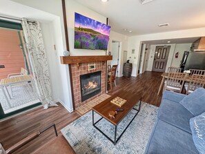 Beautiful updated rustic living area with a gas fireplace and a new "Radley" sofa bed