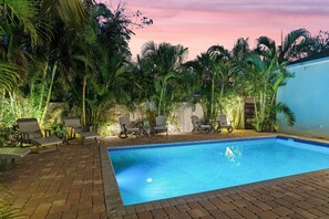 Pooland patio at twilight.