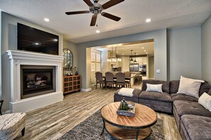 Living Room View - relax next to the fire in this spacious living room after a long day.