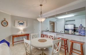 Dining and seating at the breakfast bar.