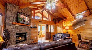 Indoors, Fireplace, Hardwood, Stained Wood, Ceiling Fan