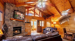Indoors, Fireplace, Hardwood, Stained Wood, Ceiling Fan