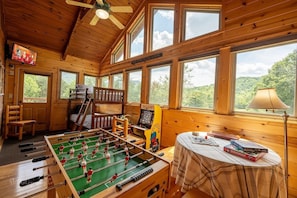 Indoors, Hardwood, Stained Wood, Ceiling Fan, Furniture