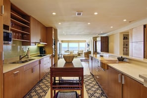 Spacious kitchen with ocean views.