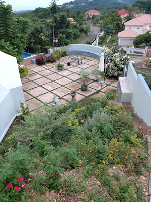 Looking down at deck and pool area.