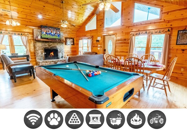 Furniture, Table, Indoors, Fireplace, Pool Table