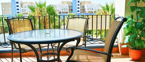 View from the terrace of garden areas and beach.