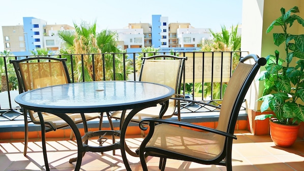 View from the terrace of garden areas and beach.