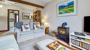 Living room with wood effect fire, Stepping Stones, Bolthole Retreats