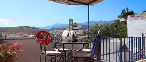 View from the roof terrace, church and mountains