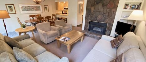 Living area with gas fireplace.