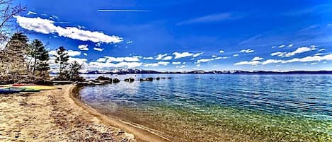 Steps across the street to this secluded beach on Lake Tahoe. Enjoy the Kayaks and subboards included in your stay for free!