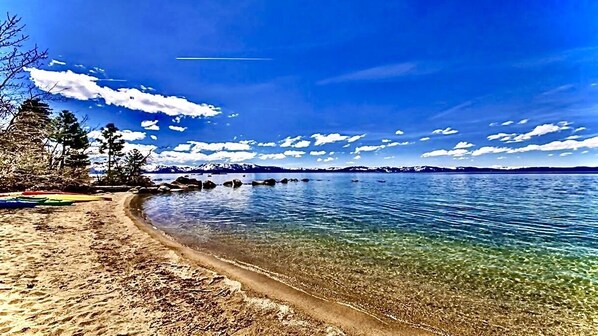 Steps across the street to this secluded beach on Lake Tahoe. Enjoy the Kayaks and subboards included in your stay for free!