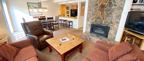 Living area with gas fireplace.