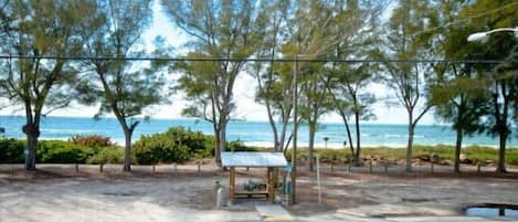 Porch with view of beach