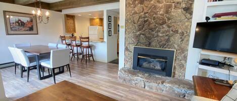 Living area with gas fireplace.