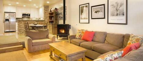 Cozy mountain living room with woodstove