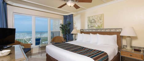 The master bedroom has a king-size bed and an amazing view!