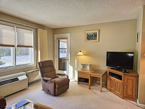 TV area with deck beyond