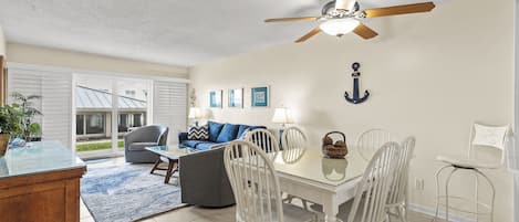 Airy dining room and living room areas