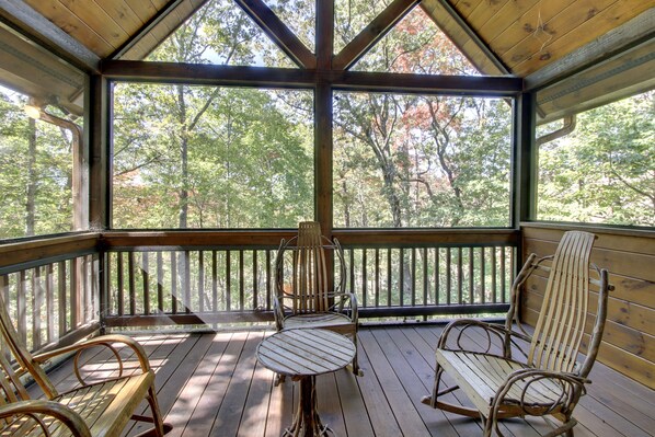 All Decks are Screened at the cabin but this is your own private deck off the master bedroom