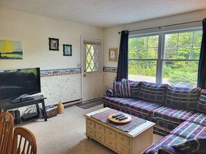 Living area with TV and deck door