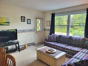 Living area with TV and deck door