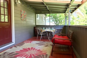The covered porch is a great spot to have dinner or chill out after playing in the river.