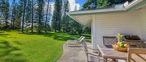 Back yard with golf course and mountain views, & BBQ on patio