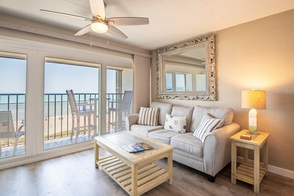 Oceanfront Living Room and Balcony