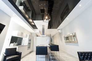 Open concept kitchen with living space