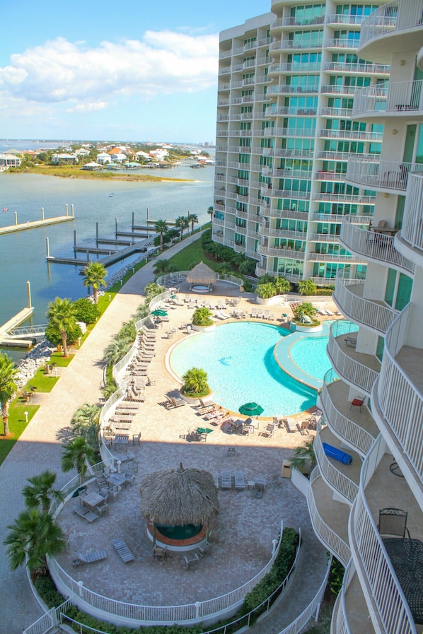 bay side and pool area