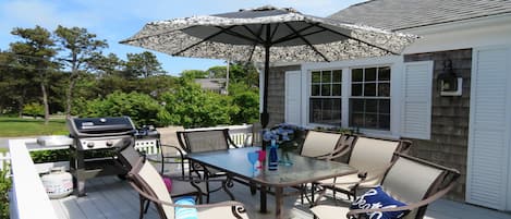 Outdoor dining on the deck with Gas grill-142 George Ryder Road S Chatham Cape Cod - New England Vacation Rentals