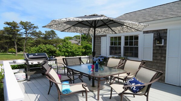 Outdoor dining on the deck with Gas grill - 142 George Ryder Road S Chatham Cape Cod - New England Vacation Rentals