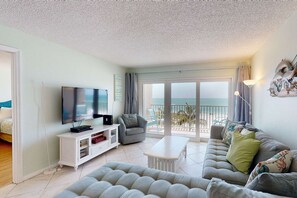 Beach views from the living room and balcony.