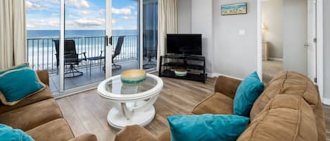 Views of the Gulf throughout the condo - Tantalizing view of the gulf- large flat screen TV