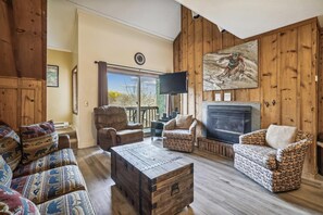 After a long day of skiing, sit near the fireplace and unwind.