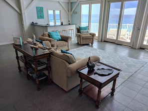 Living area with large couches for relaxing.